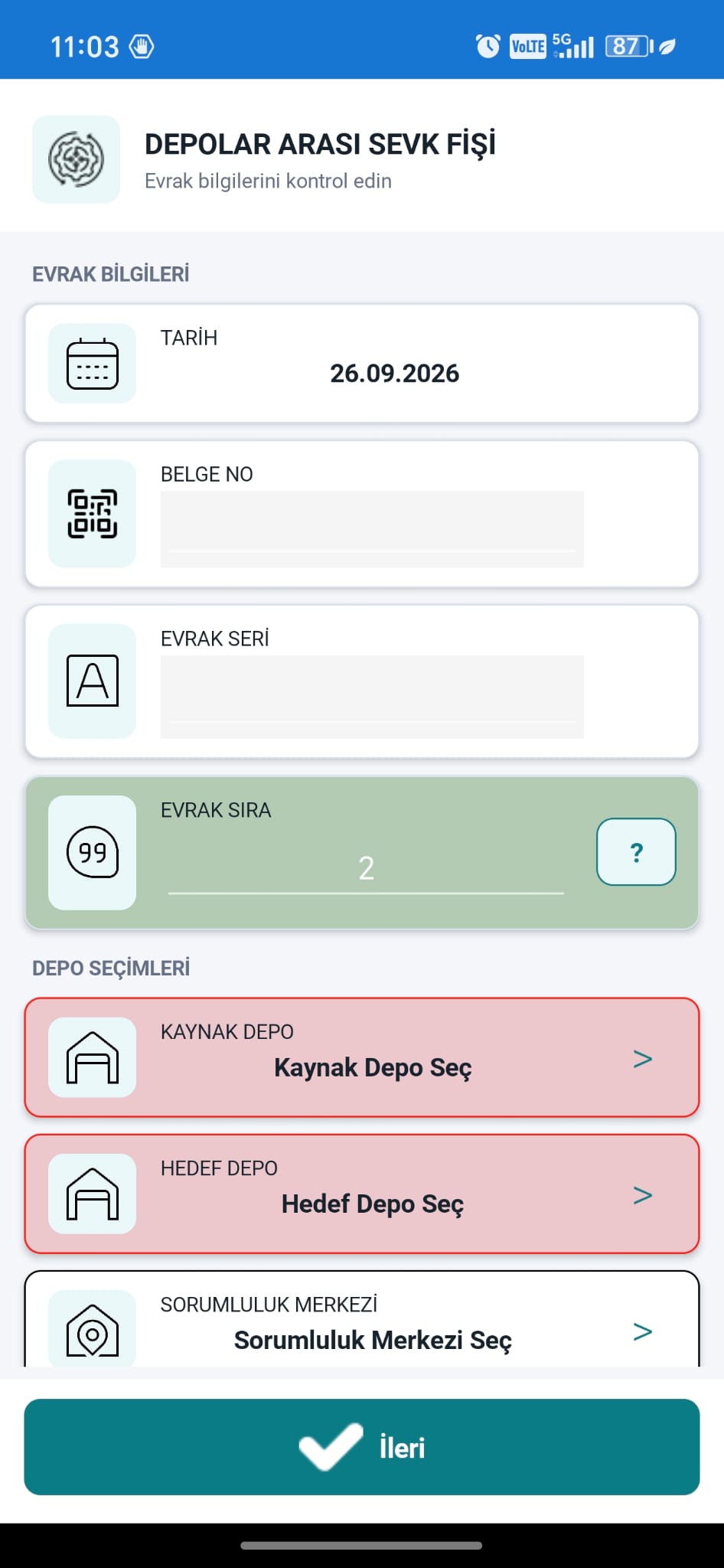 NPratik Mobil depolar arası sevk ekranı