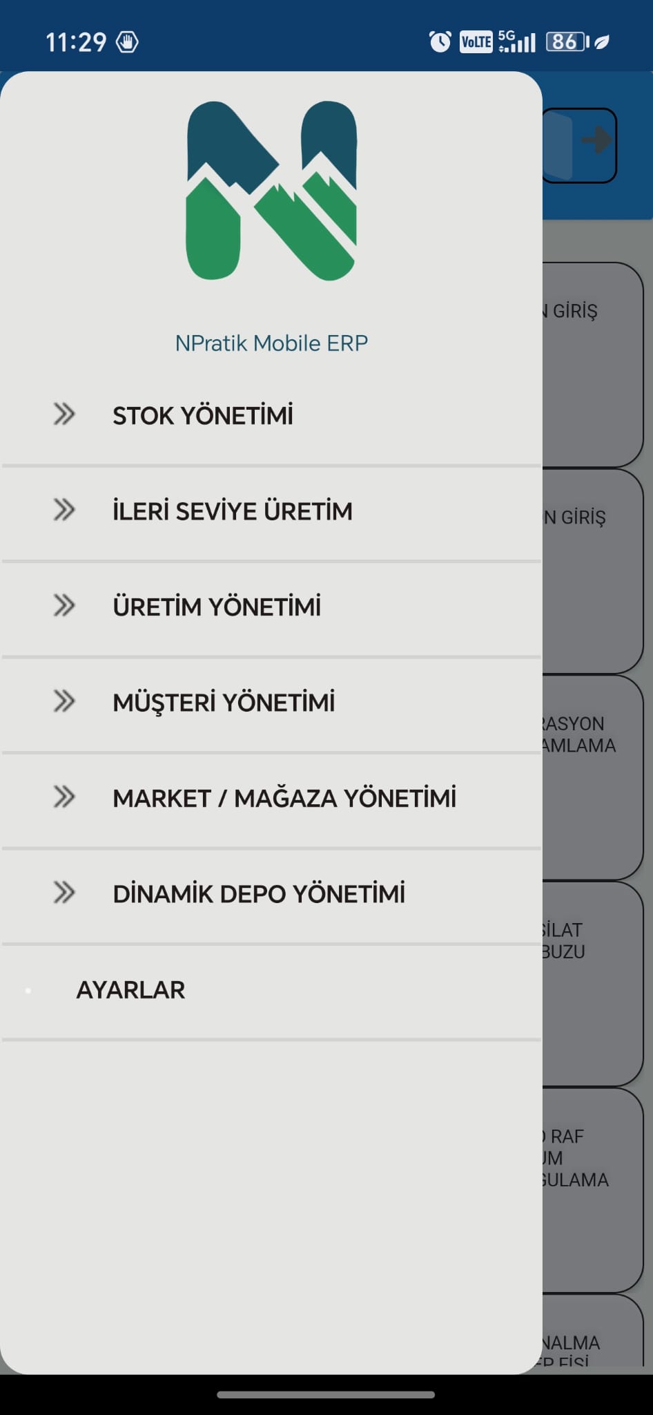 NPratik Mobil modül menüsü