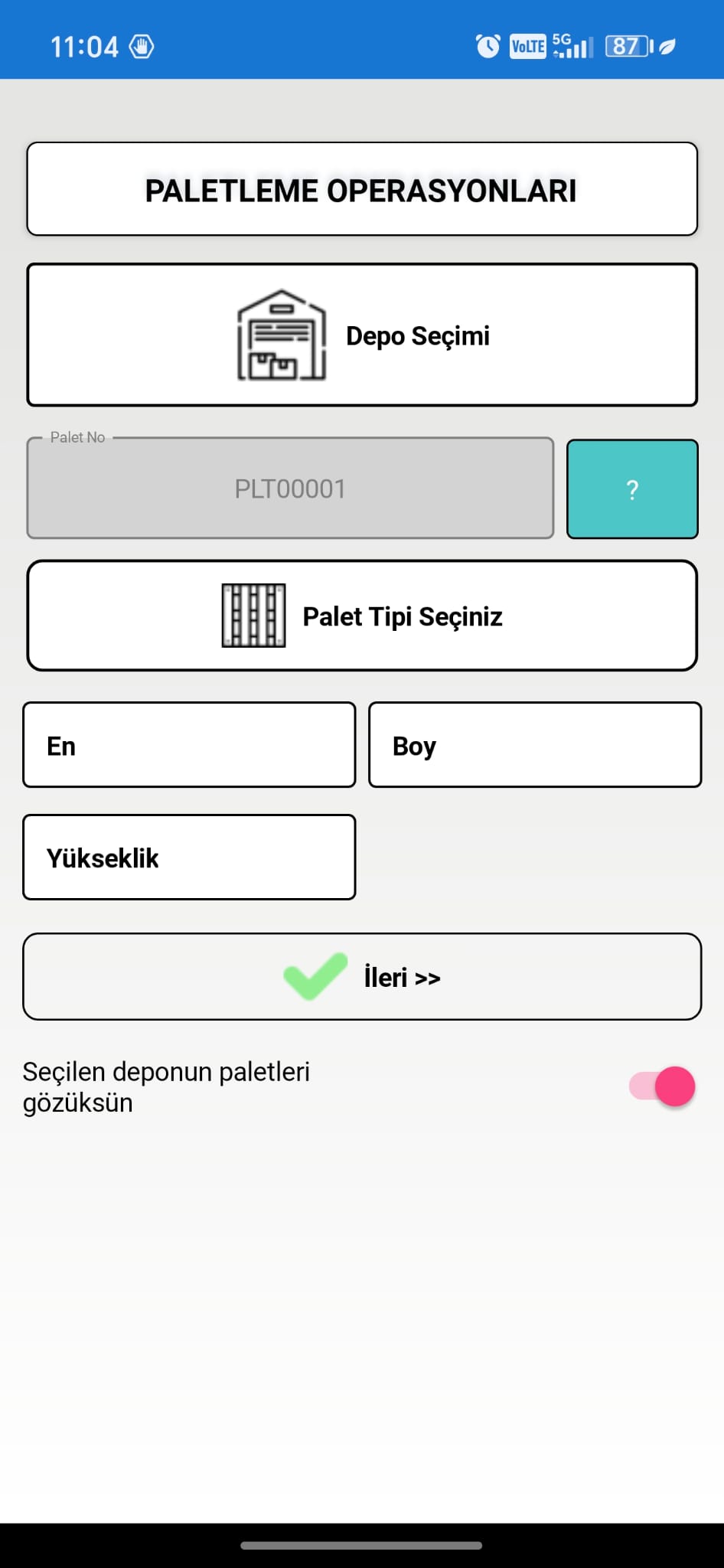NPratik Mobil paletleme ekranı