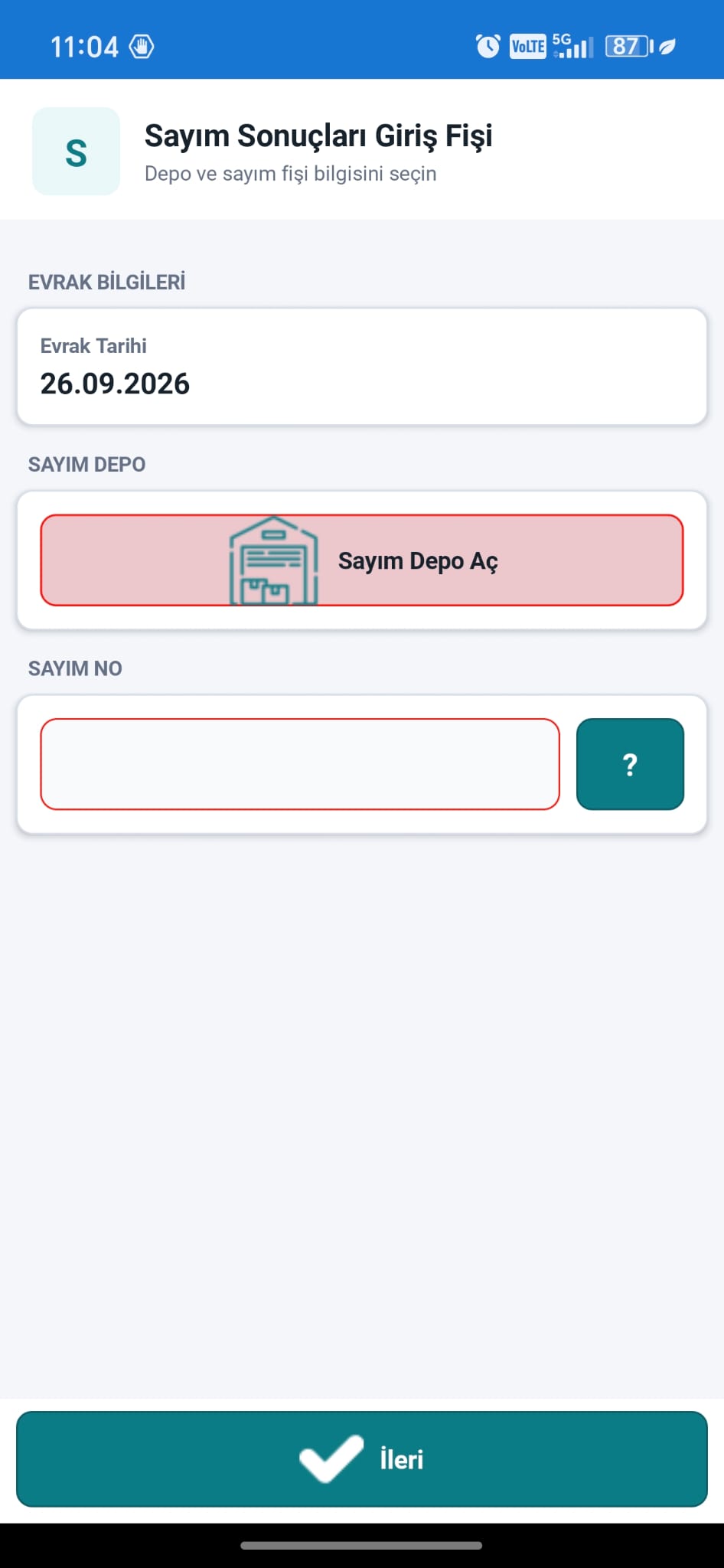 NPratik Mobil depo sayım ekranı